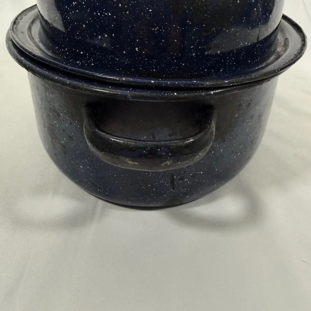 Vintage Enamelware Roaster Pan Large Blue White Speckled Oval Lidded Pot 15 Inch